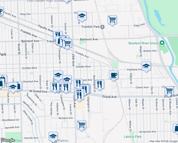 map of restaurants, bars, coffee shops, grocery stores, and more near 2931 Edgington Street in Franklin Park
