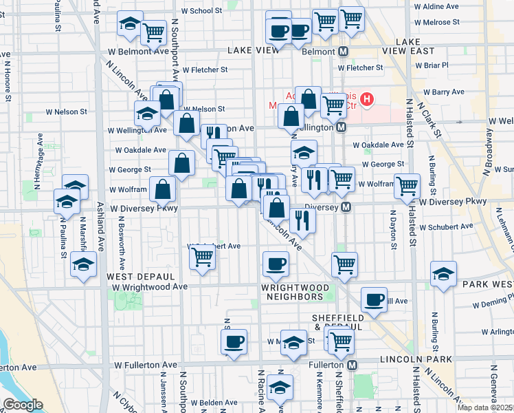 map of restaurants, bars, coffee shops, grocery stores, and more near North Lincoln Avenue & North Racine Avenue in Chicago