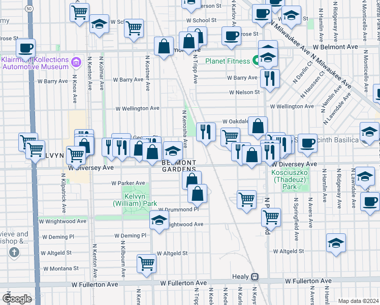 map of restaurants, bars, coffee shops, grocery stores, and more near 2826 North Tripp Avenue in Chicago