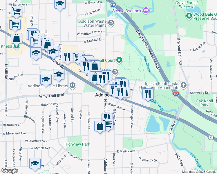 map of restaurants, bars, coffee shops, grocery stores, and more near 319 North Addison Road in Addison