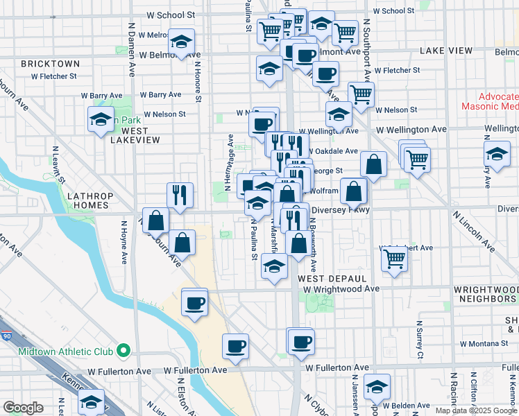 map of restaurants, bars, coffee shops, grocery stores, and more near 1652 West Diversey Parkway in Chicago