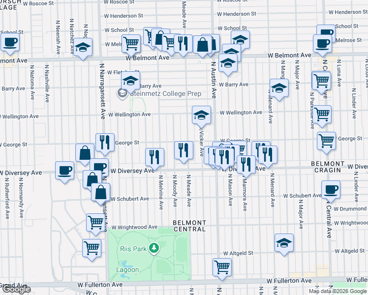 map of restaurants, bars, coffee shops, grocery stores, and more near 2848 North Meade Avenue in Chicago