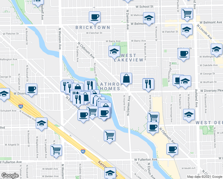 map of restaurants, bars, coffee shops, grocery stores, and more near 2801 North Leavitt Street in Chicago