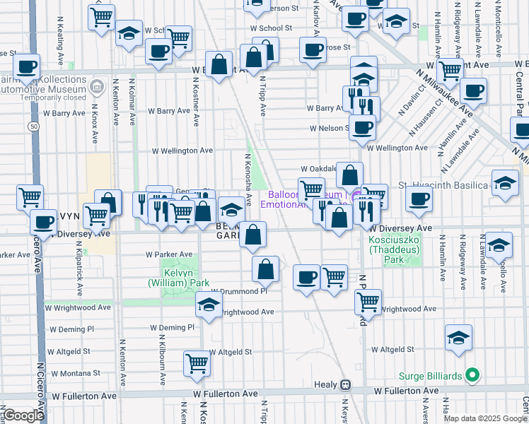 map of restaurants, bars, coffee shops, grocery stores, and more near 2826 North Tripp Avenue in Chicago