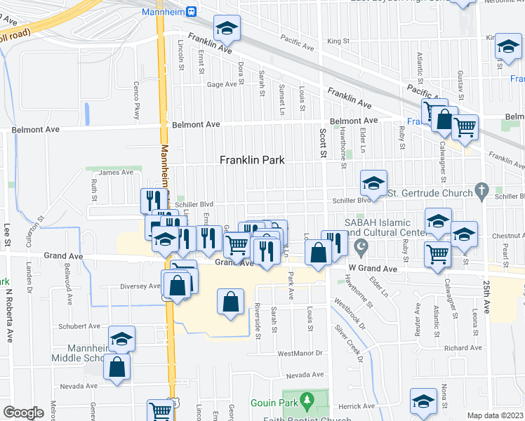 map of restaurants, bars, coffee shops, grocery stores, and more near 10131 Schiller Blvd in Franklin Park