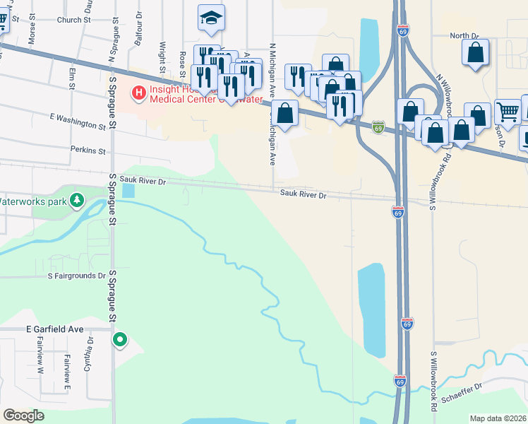 map of restaurants, bars, coffee shops, grocery stores, and more near 110 Sauk River Drive in Coldwater