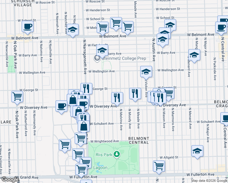map of restaurants, bars, coffee shops, grocery stores, and more near 2853 North Merrimac Avenue in Chicago