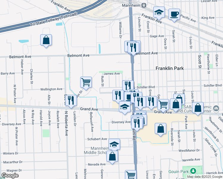 map of restaurants, bars, coffee shops, grocery stores, and more near 10518 Crown Road in Franklin Park