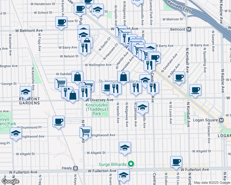 map of restaurants, bars, coffee shops, grocery stores, and more near 2817 North Avers Avenue in Chicago