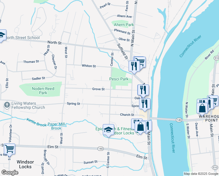 map of restaurants, bars, coffee shops, grocery stores, and more near 88 Center Street in Windsor Locks