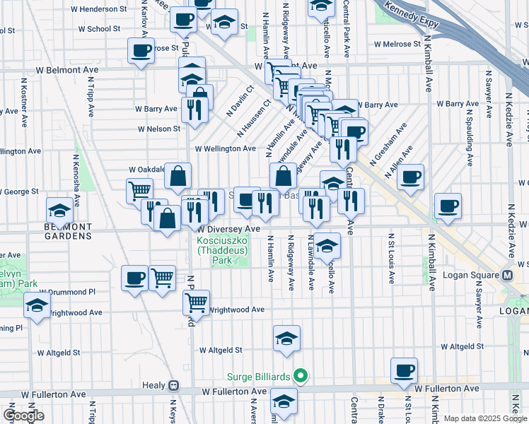 map of restaurants, bars, coffee shops, grocery stores, and more near 2817 North Avers Avenue in Chicago