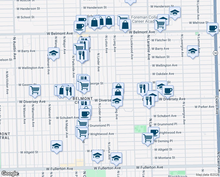 map of restaurants, bars, coffee shops, grocery stores, and more near 2843 North Lotus Avenue in Chicago