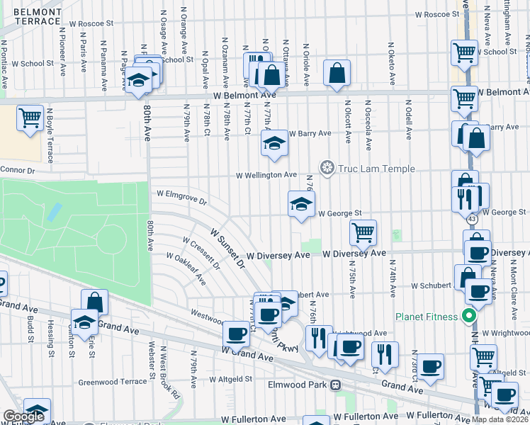 map of restaurants, bars, coffee shops, grocery stores, and more near 2900 North 77th Avenue in Elmwood Park