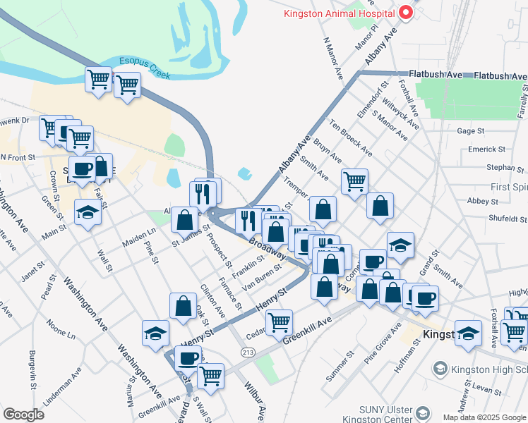 map of restaurants, bars, coffee shops, grocery stores, and more near 144 Albany Avenue in Kingston
