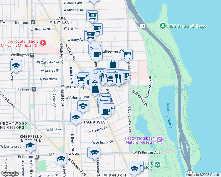 map of restaurants, bars, coffee shops, grocery stores, and more near 452 West Diversey Parkway in Chicago