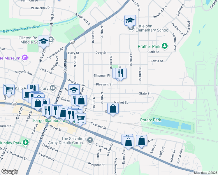 map of restaurants, bars, coffee shops, grocery stores, and more near 521 North 10th Street in DeKalb