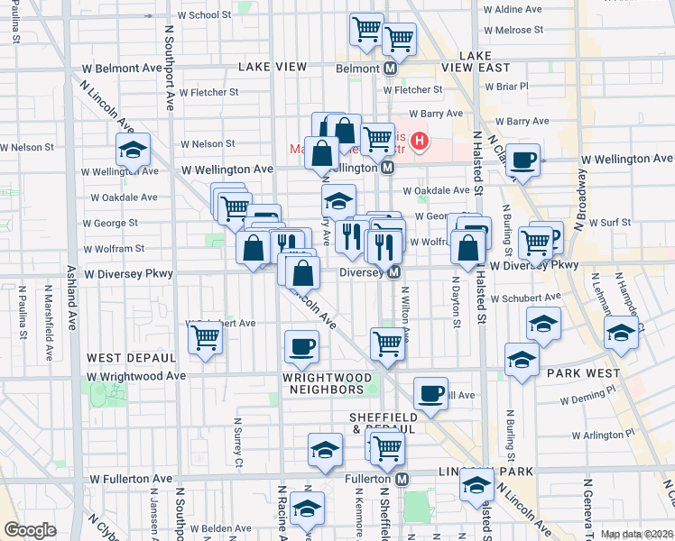 map of restaurants, bars, coffee shops, grocery stores, and more near W Diversey Pkwy & N Seminary Ave in Chicago