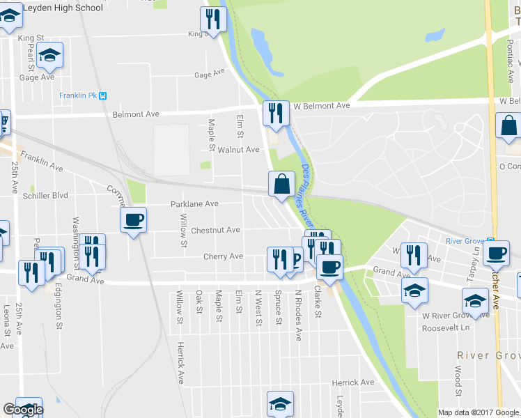 map of restaurants, bars, coffee shops, grocery stores, and more near 2936 Beulah Avenue in River Grove