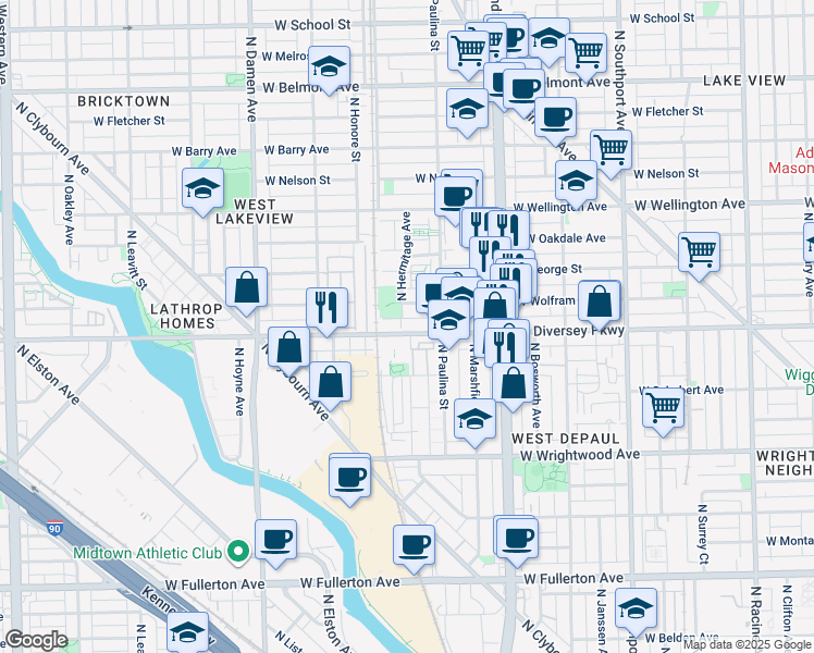 map of restaurants, bars, coffee shops, grocery stores, and more near 1734 West Diversey Parkway in Chicago