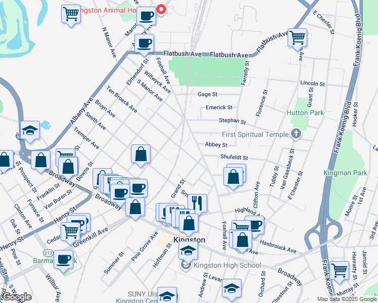 map of restaurants, bars, coffee shops, grocery stores, and more near 85 Grand St in Kingston