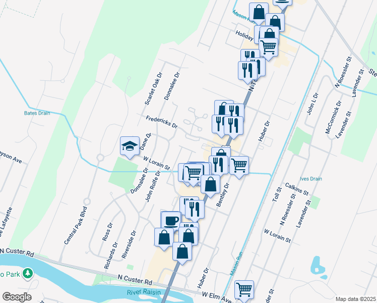 map of restaurants, bars, coffee shops, grocery stores, and more near 1646 West Lorain Street in Monroe