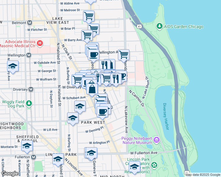 map of restaurants, bars, coffee shops, grocery stores, and more near 521 West Diversey Parkway in Chicago