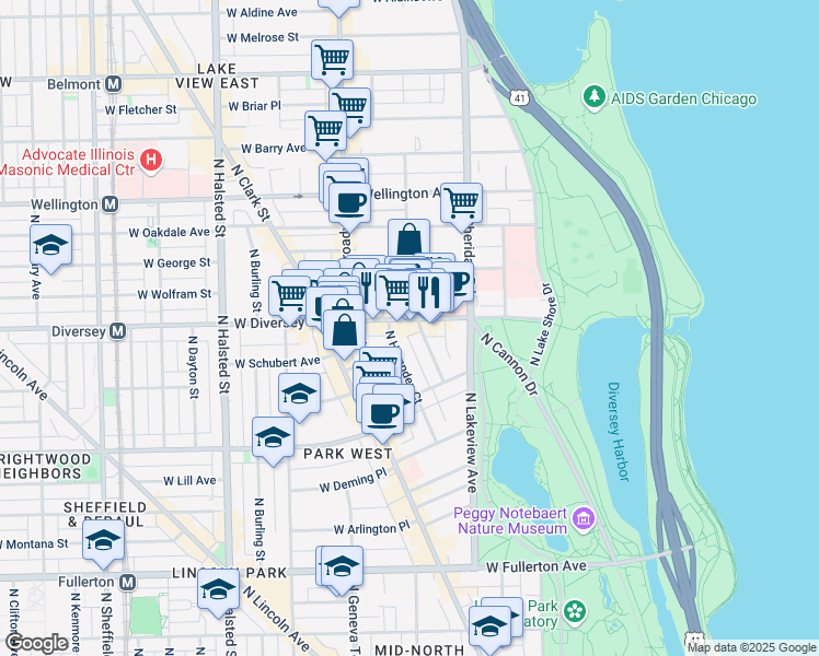 map of restaurants, bars, coffee shops, grocery stores, and more near 521 West Diversey Parkway in Chicago
