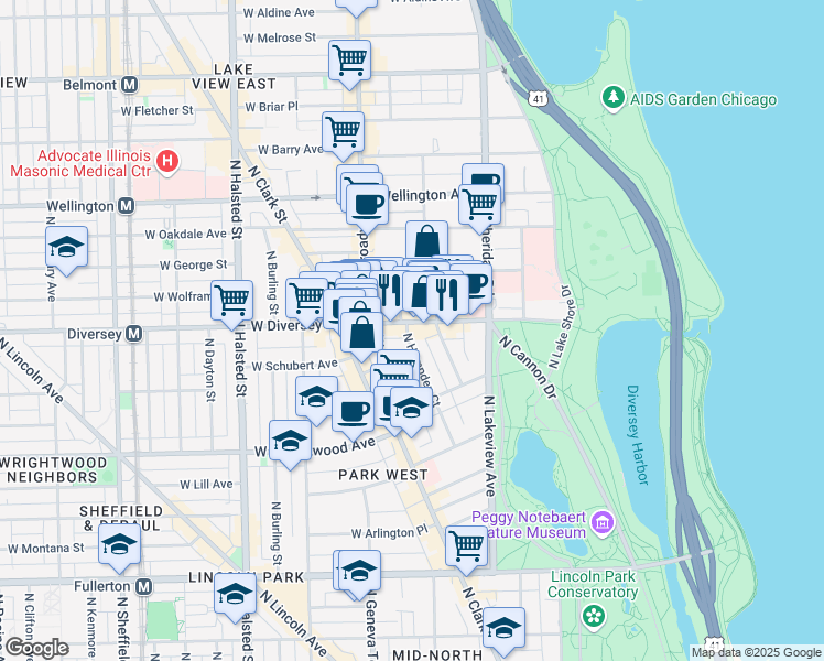 map of restaurants, bars, coffee shops, grocery stores, and more near 521 West Diversey Parkway in Chicago