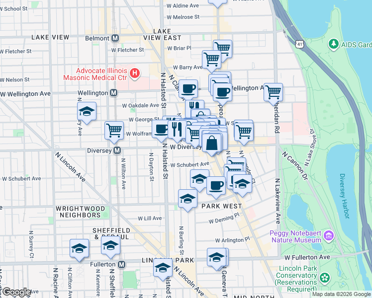 map of restaurants, bars, coffee shops, grocery stores, and more near 671 West Diversey Parkway in Chicago