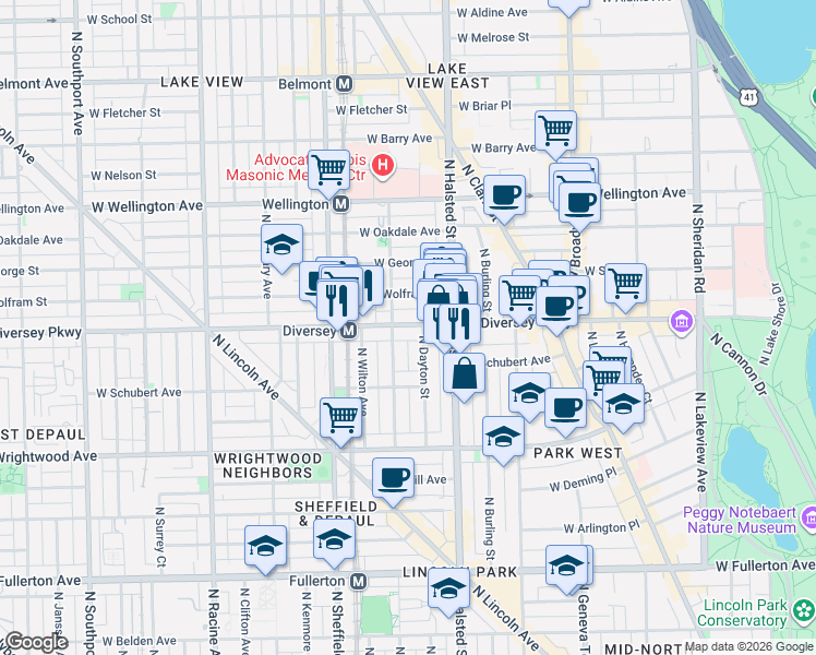 map of restaurants, bars, coffee shops, grocery stores, and more near 851 West Diversey Parkway in Chicago