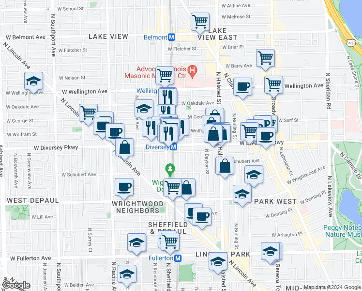 map of restaurants, bars, coffee shops, grocery stores, and more near in Chicago