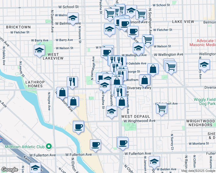 map of restaurants, bars, coffee shops, grocery stores, and more near 1652 West Diversey Parkway in Chicago