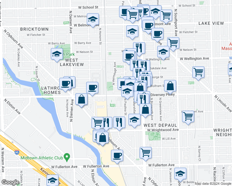 map of restaurants, bars, coffee shops, grocery stores, and more near 1728 West Diversey Parkway in Chicago