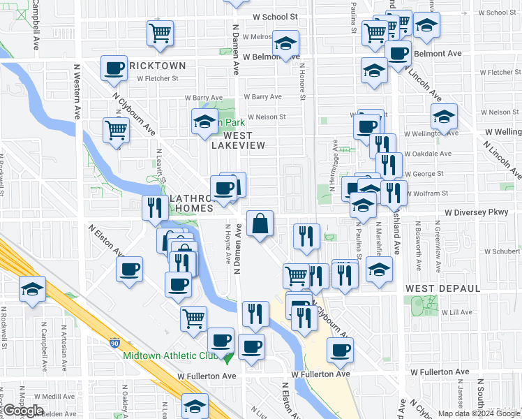 map of restaurants, bars, coffee shops, grocery stores, and more near 1930 West Diversey Parkway in Chicago