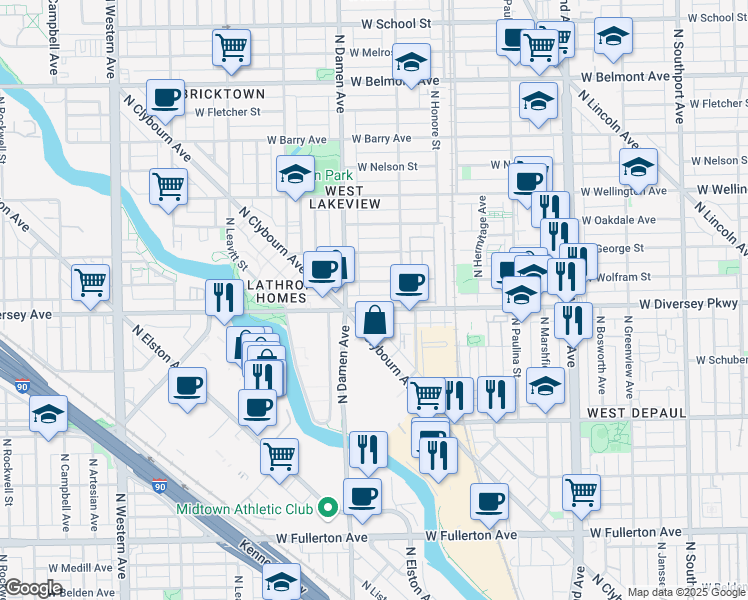 map of restaurants, bars, coffee shops, grocery stores, and more near 1930 West Diversey Parkway in Chicago