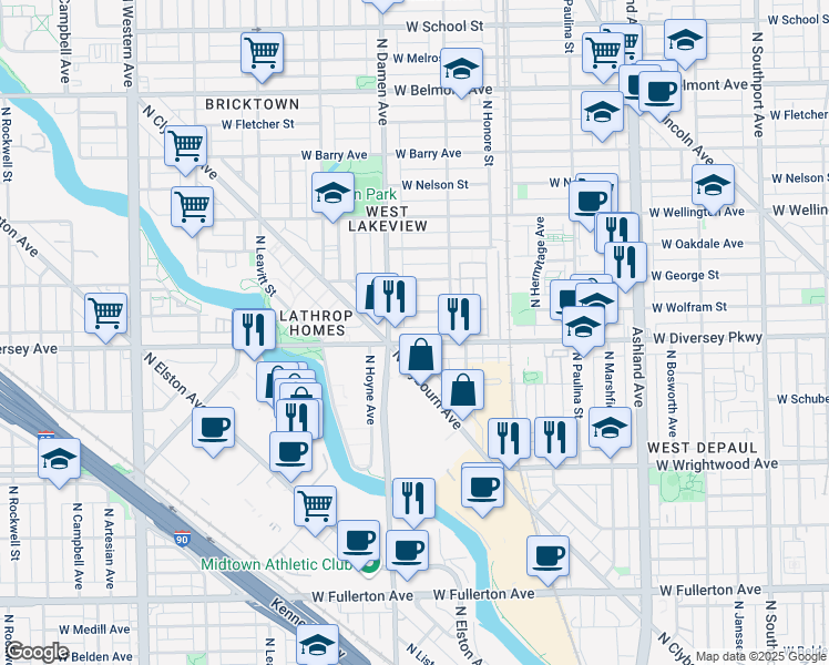 map of restaurants, bars, coffee shops, grocery stores, and more near 1930 West Diversey Parkway in Chicago