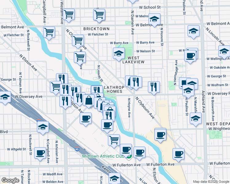 map of restaurants, bars, coffee shops, grocery stores, and more near 2801 North Leavitt Street in Chicago
