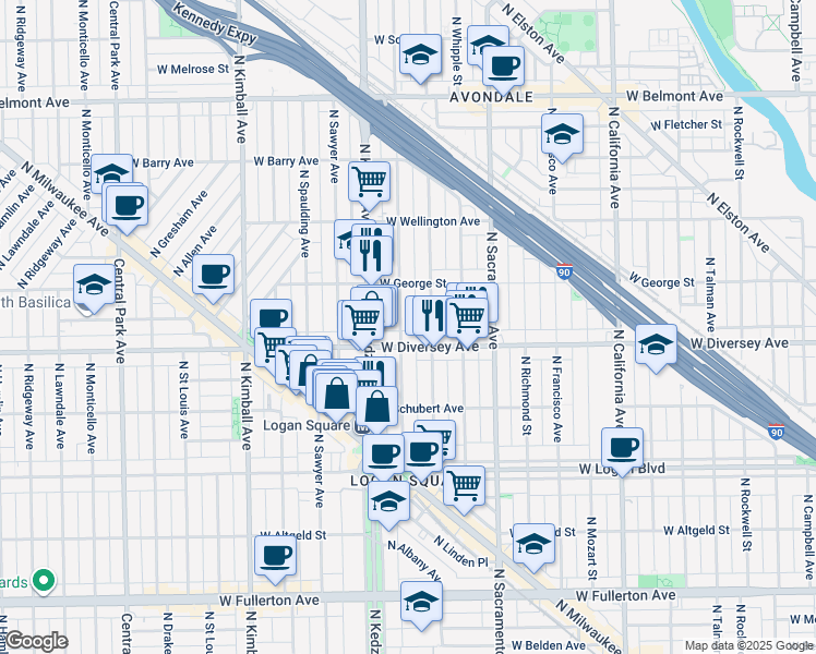 map of restaurants, bars, coffee shops, grocery stores, and more near 2814 North Troy Street in Chicago