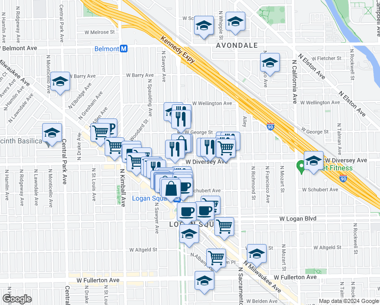 map of restaurants, bars, coffee shops, grocery stores, and more near 2814 North Troy Street in Chicago