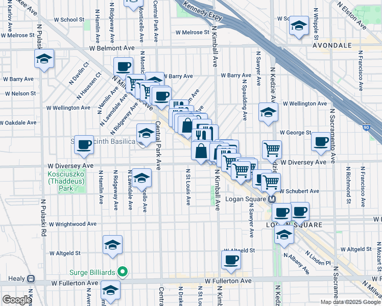 map of restaurants, bars, coffee shops, grocery stores, and more near 2840 North Milwaukee Avenue in Chicago