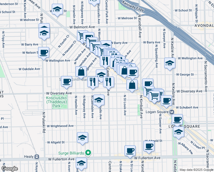 map of restaurants, bars, coffee shops, grocery stores, and more near 2819 North Central Park Avenue in Chicago
