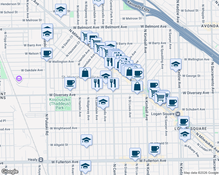 map of restaurants, bars, coffee shops, grocery stores, and more near 2819 North Central Park Avenue in Chicago