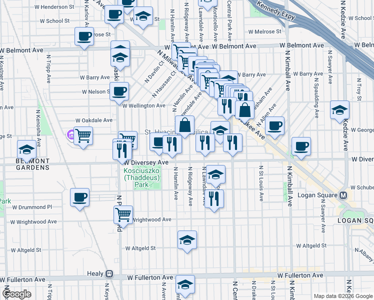 map of restaurants, bars, coffee shops, grocery stores, and more near 2823 North Hamlin Avenue in Chicago
