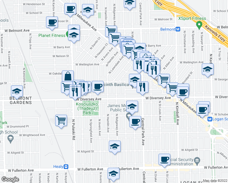 map of restaurants, bars, coffee shops, grocery stores, and more near 2823 North Hamlin Avenue in Chicago