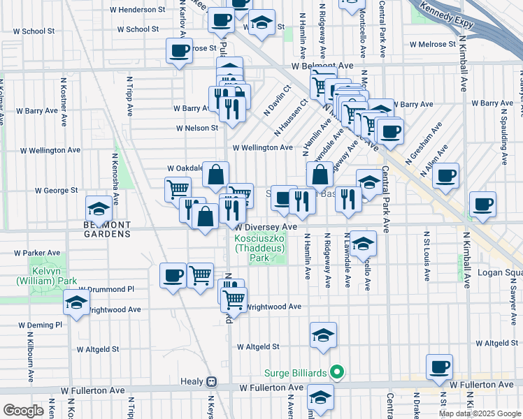 map of restaurants, bars, coffee shops, grocery stores, and more near 2819 North Springfield Avenue in Chicago