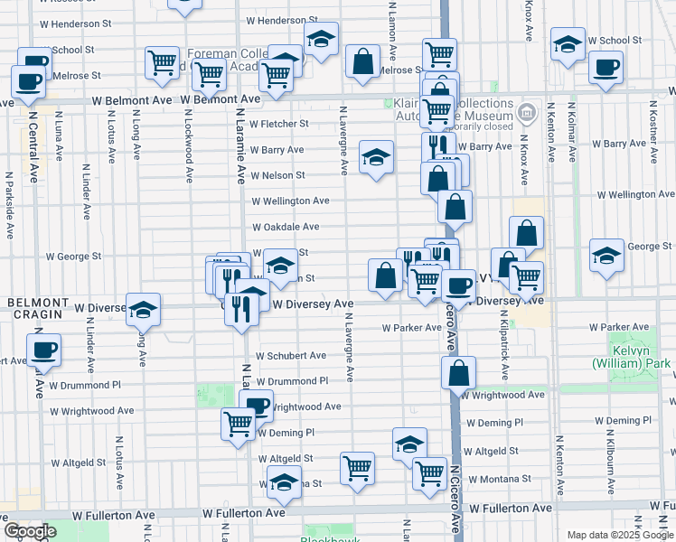 map of restaurants, bars, coffee shops, grocery stores, and more near 5000 West Wolfram Street in Chicago