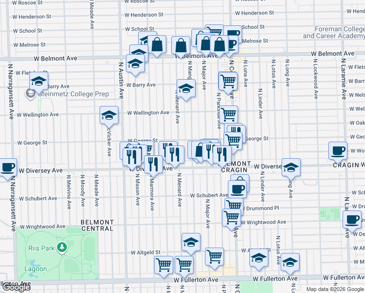 map of restaurants, bars, coffee shops, grocery stores, and more near 2843 North Menard Avenue in Chicago