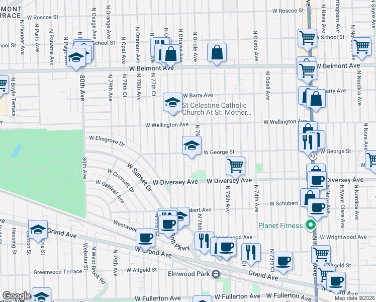 map of restaurants, bars, coffee shops, grocery stores, and more near 2901 North 76th Court in Elmwood Park