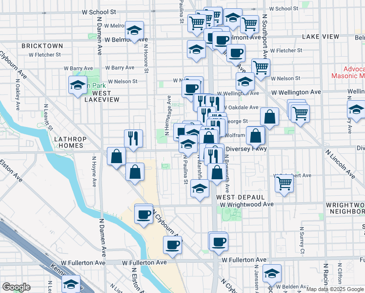 map of restaurants, bars, coffee shops, grocery stores, and more near 1652 West Diversey Parkway in Chicago