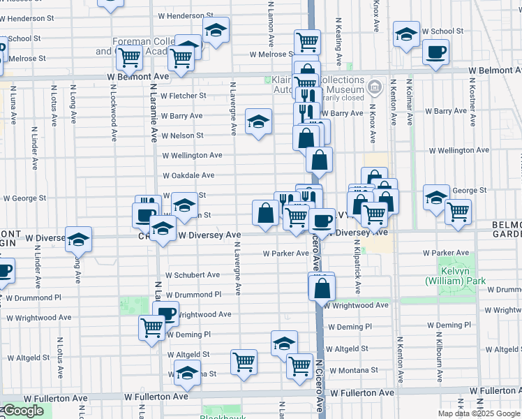 map of restaurants, bars, coffee shops, grocery stores, and more near 4920 West Wolfram Street in Chicago
